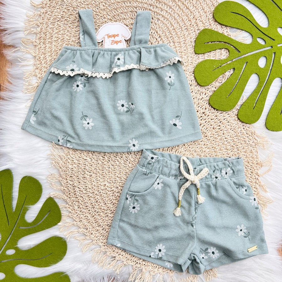 Conj. Batinha Frente Bordada e Short Flores - Verde
